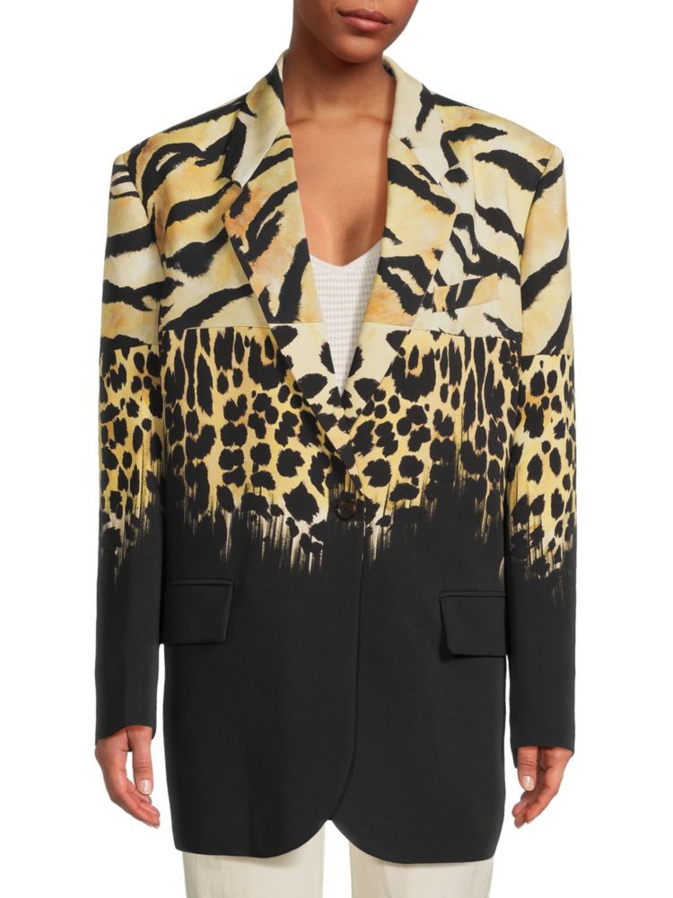 Однобортный пиджак с животным принтом Roberto Cavalli, цвет Black Multi свитер из смесовой шерсти с животным принтом roberto cavalli цвет peanut butter