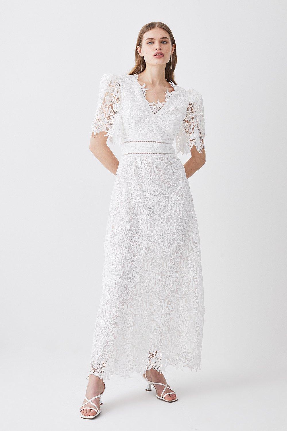 Тканое платье макси с гипюровым кружевом и рукавами-фонариками Karen Millen, белый