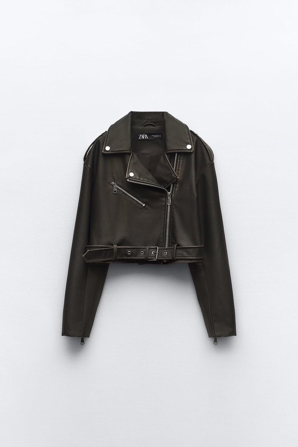 

Укороченная кожаная байкерская куртка с эффектом потертости ZARA, черный