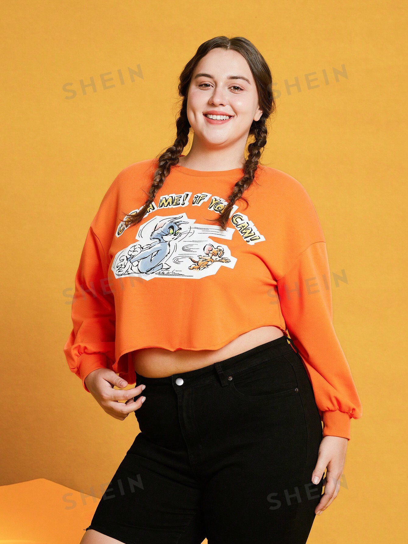 SHEIN Толстовка с заниженными плечами и мультяшным узором, апельсин укороченная футболка с заниженными плечами shein plus со стразами и мультяшным рисунком сиреневый фиолетовый