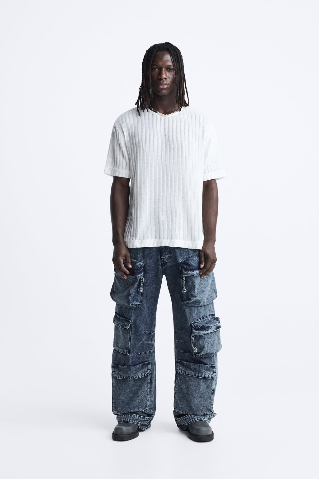 

Текстурированная трикотажная футболка ZARA, экру