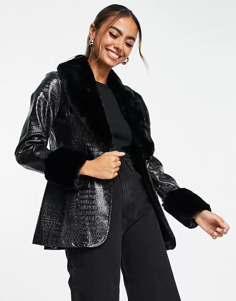 

Черный пиджак из крокодила с воротником и манжетами из искусственного меха Miss Selfridge