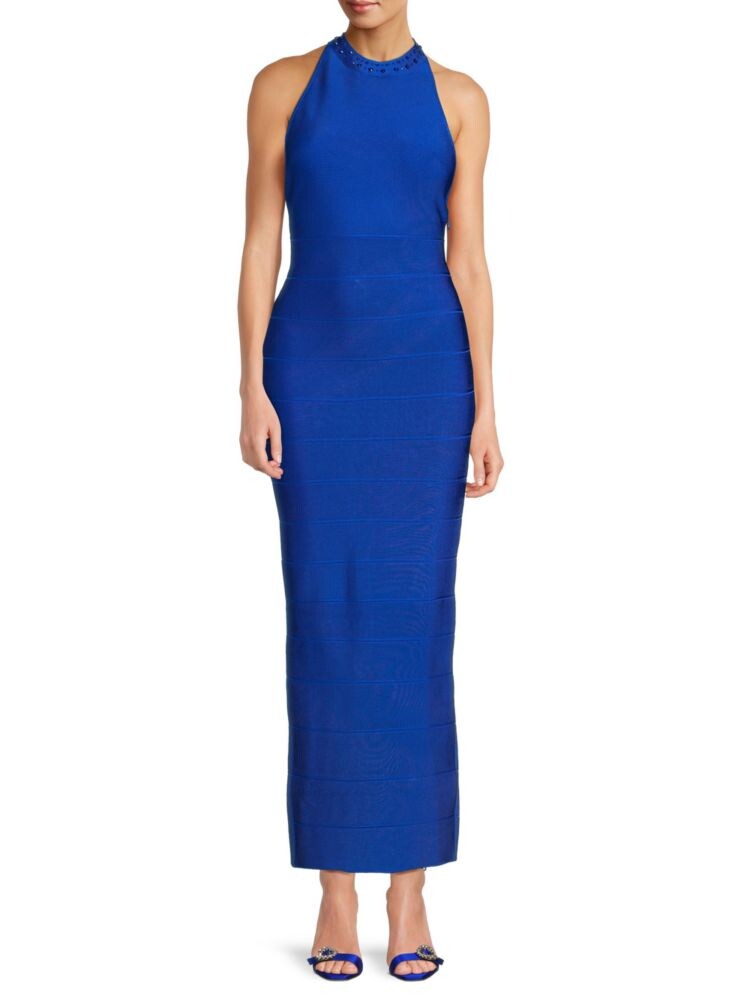 

Платье с воротником-стойкой и кристаллами Herve Leger, цвет Bright Blue
