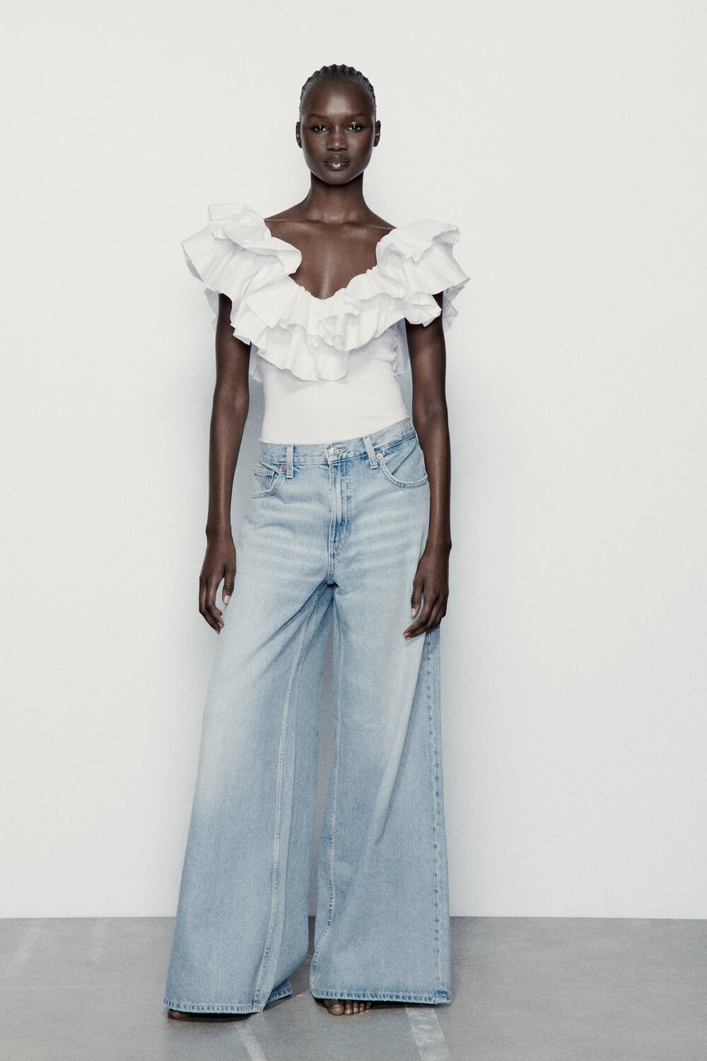 

Боди из ребрики с оборками ZARA, белый