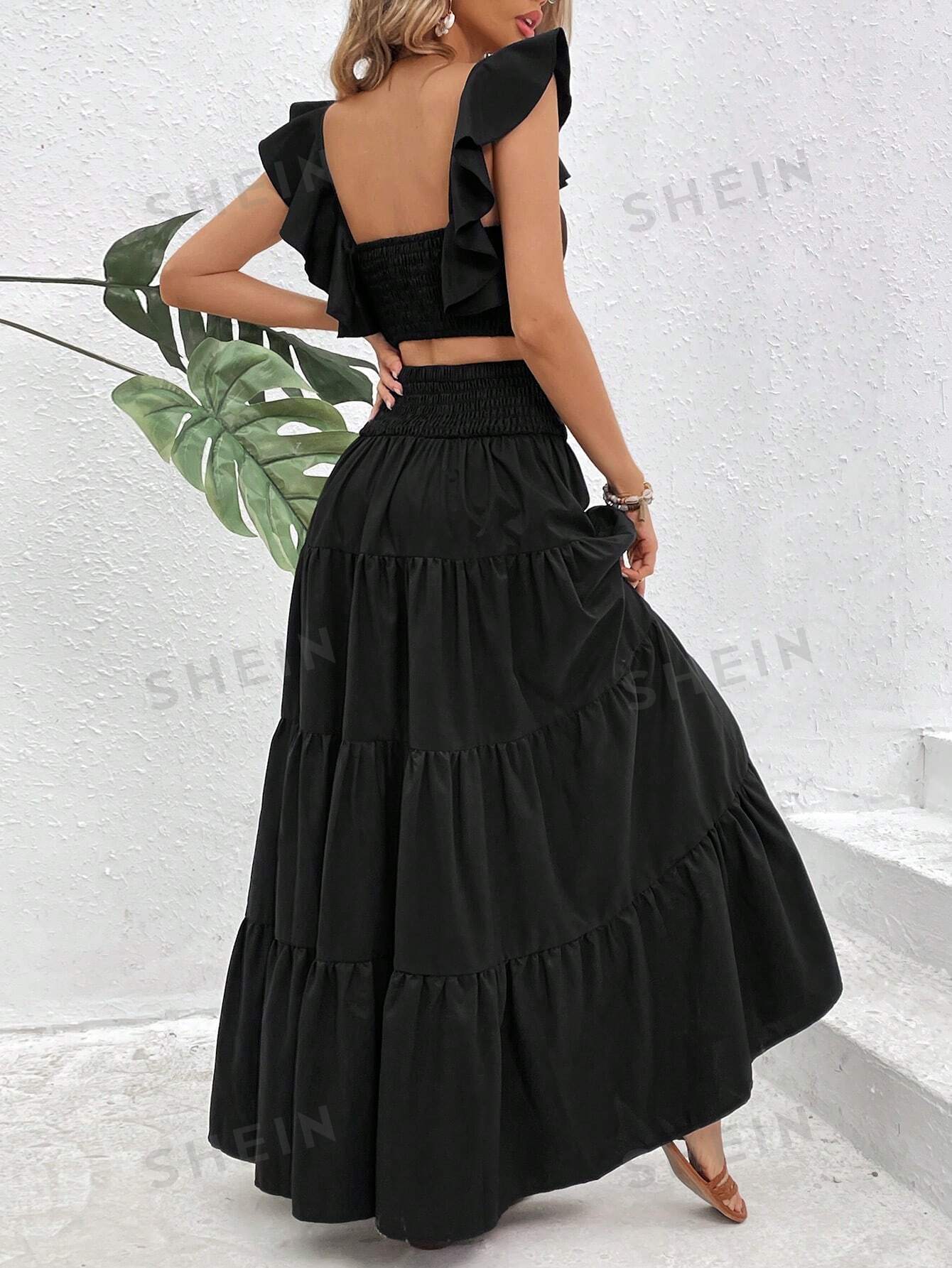 SHEIN Tall: комплект из двух предметов: однотонный женский укороченный топ и расклешенная юбка-миди, черный