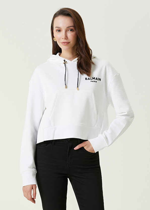 

Белый свитшот с капюшоном и логотипом Balmain