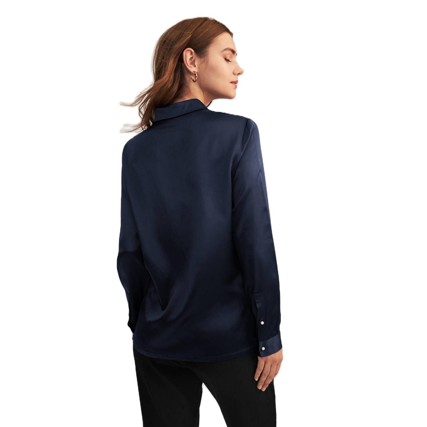 цена LILYSILK Женская классическая шелковая рубашка с жемчужными пуговицами Lilysilk, темно-синий