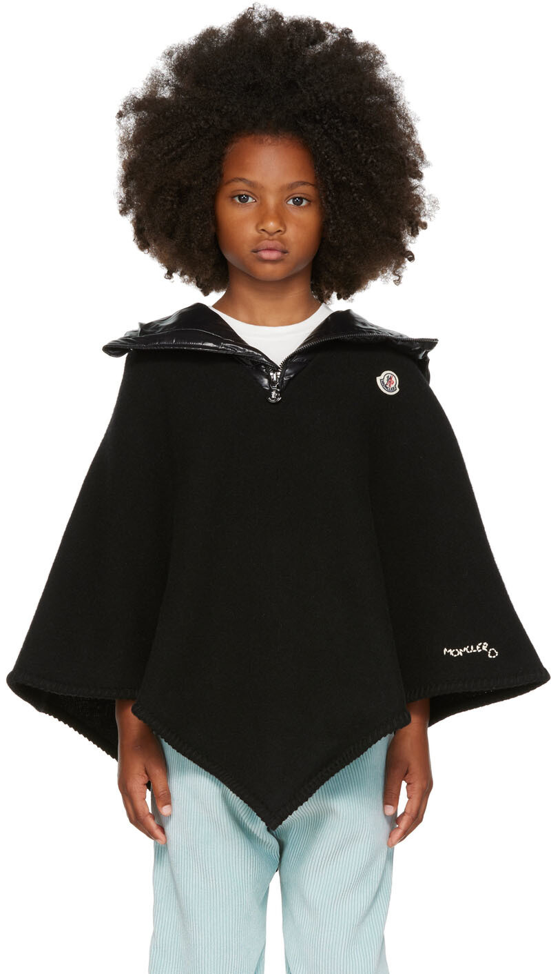 

Детское черное пончо с капюшоном и пухом, черное Moncler Enfant