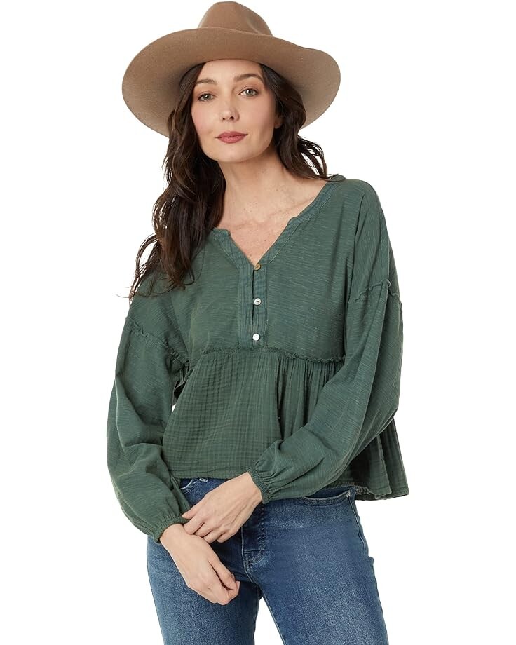 Топ Lucky Brand Long Sleeve Woven Mix, зеленый