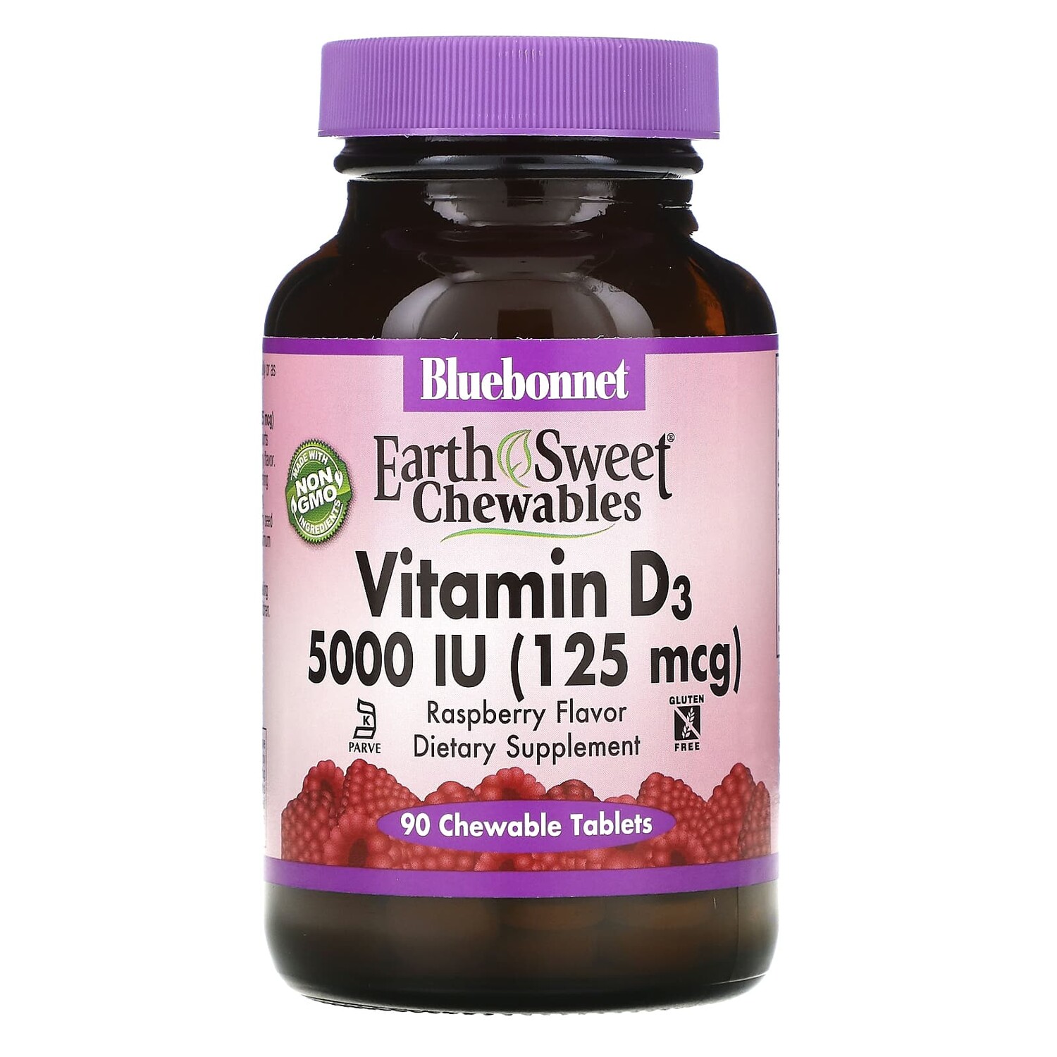 

Витамин D3, малина, 5000 МЕ (125 мкг), 90 жевательных таблеток, Bluebonnet Nutrition
