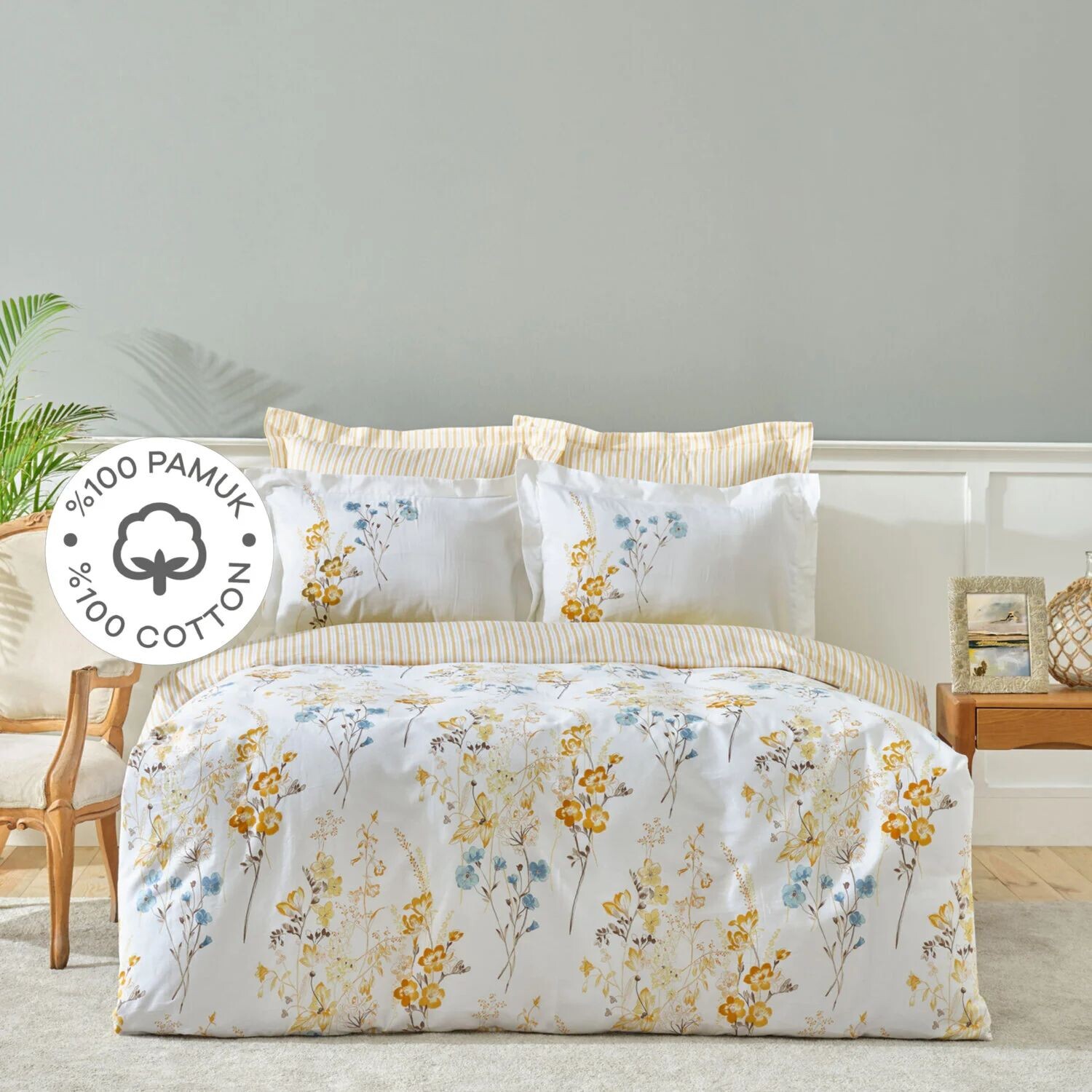 

Karaca Home Loris Желтый Комплект постельного белья из 100% хлопка и атласа