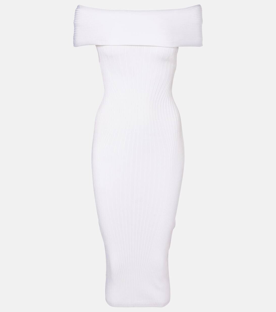 

Платье миди с открытыми плечами из трикотажного полотна в рубчик Mugler, цвет off white