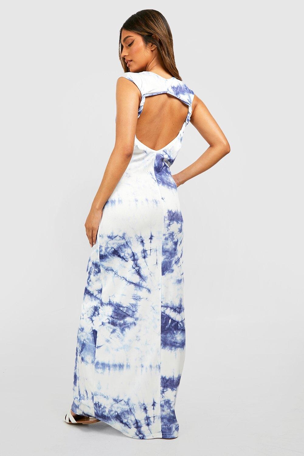 

Платье макси с низкой спиной tie dye twist Boohoo, нави