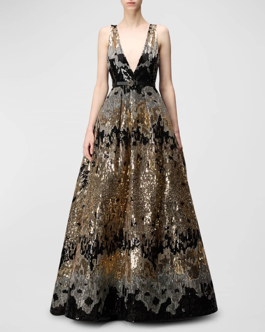 

Глубокое платье без рукавов из тюля с вышивкой пайетками Elie Saab