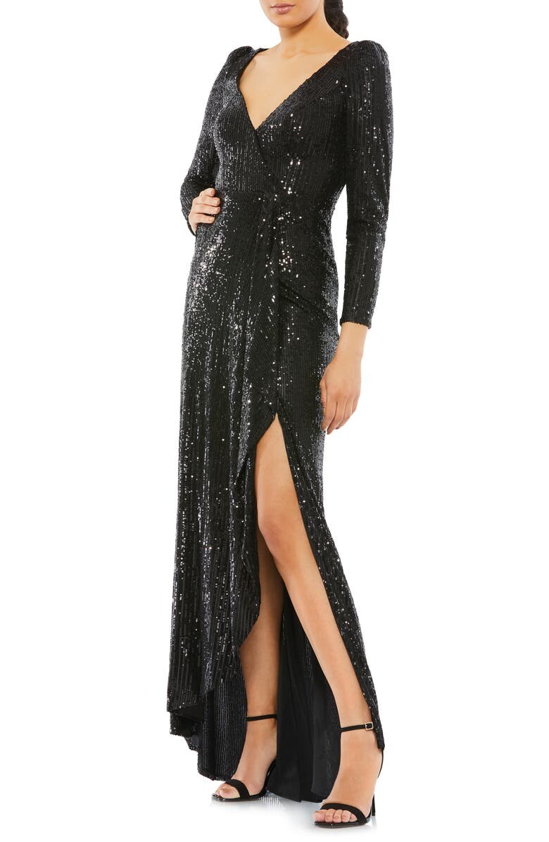 

Платье с запахом и пайетками с длинными рукавами IEENA FOR MAC DUGGAL, черный