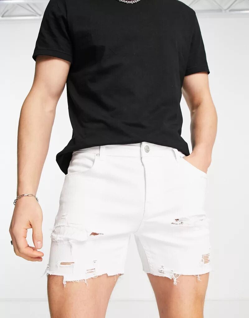 

Белые укороченные джинсовые шорты скинни с рваными деталями ASOS
