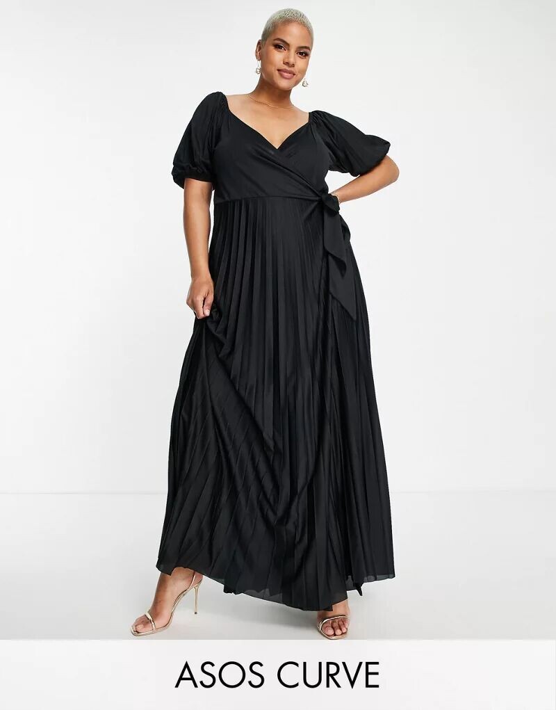 

Черное платье макси со сборками и пышными рукавами ASOS DESIGN Curve - BLACK