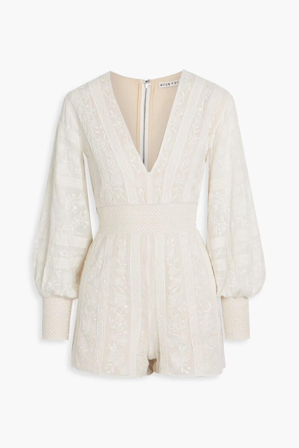 

Комбинезон Darla из хлопковой марли со сборками и вышивкой Alice + Olivia, цвет Off-white