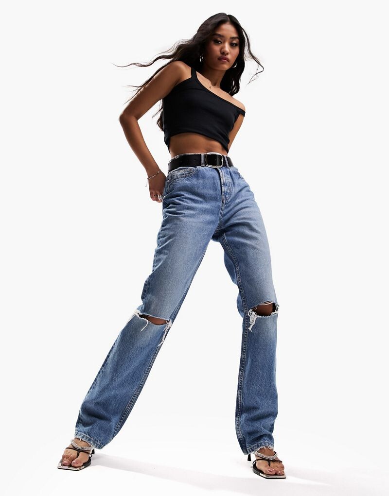 

Синие прямые джинсы в стиле 90-х с рваными коленями ASOS DESIGN