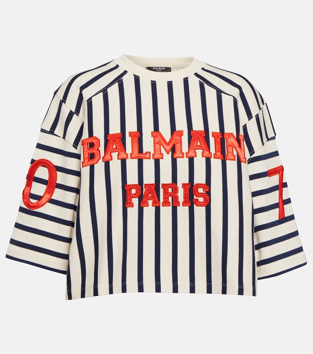 

Полосатая укороченная футболка с логотипом из хлопка BALMAIN, синий