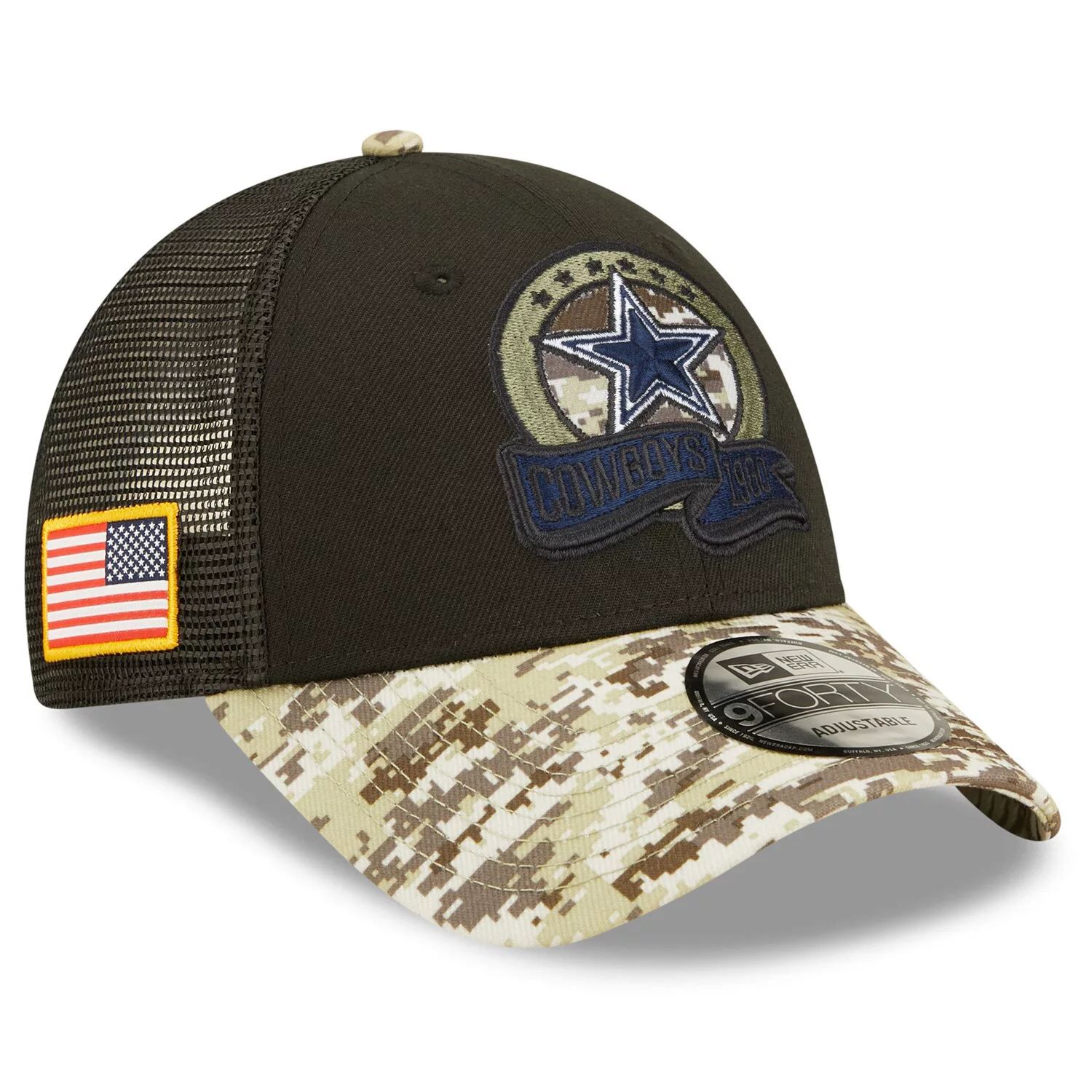 

Мужская кепка New Era Black/Camo Dallas Cowboys 2022 Salute To Service 9FORTY Snapback Trucker Hat