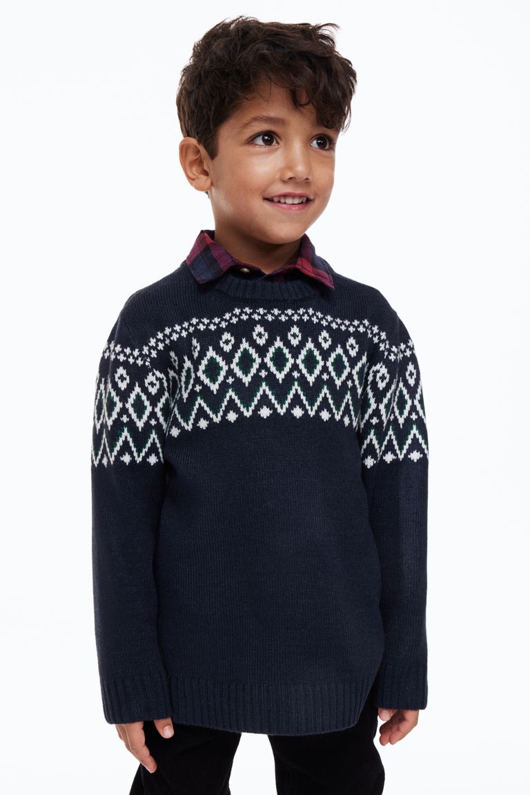 Жаккардовый свитер H&M мужской свитер с круглым вырезом длинным рукавом флисовой подкладкой и манжетами в рубчик зимний плотный теплый свитер с узором в клетку