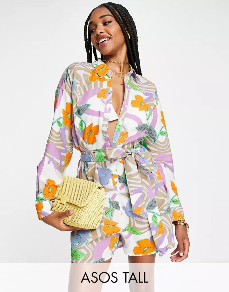

ASOS DESIGN Tall — пляжный комбинезон с поясом и цветочным принтом