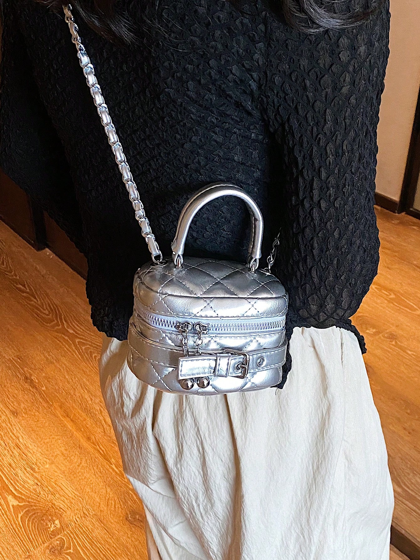 Модная стеганая мини-сумка-ведро с цепочкой, серебро