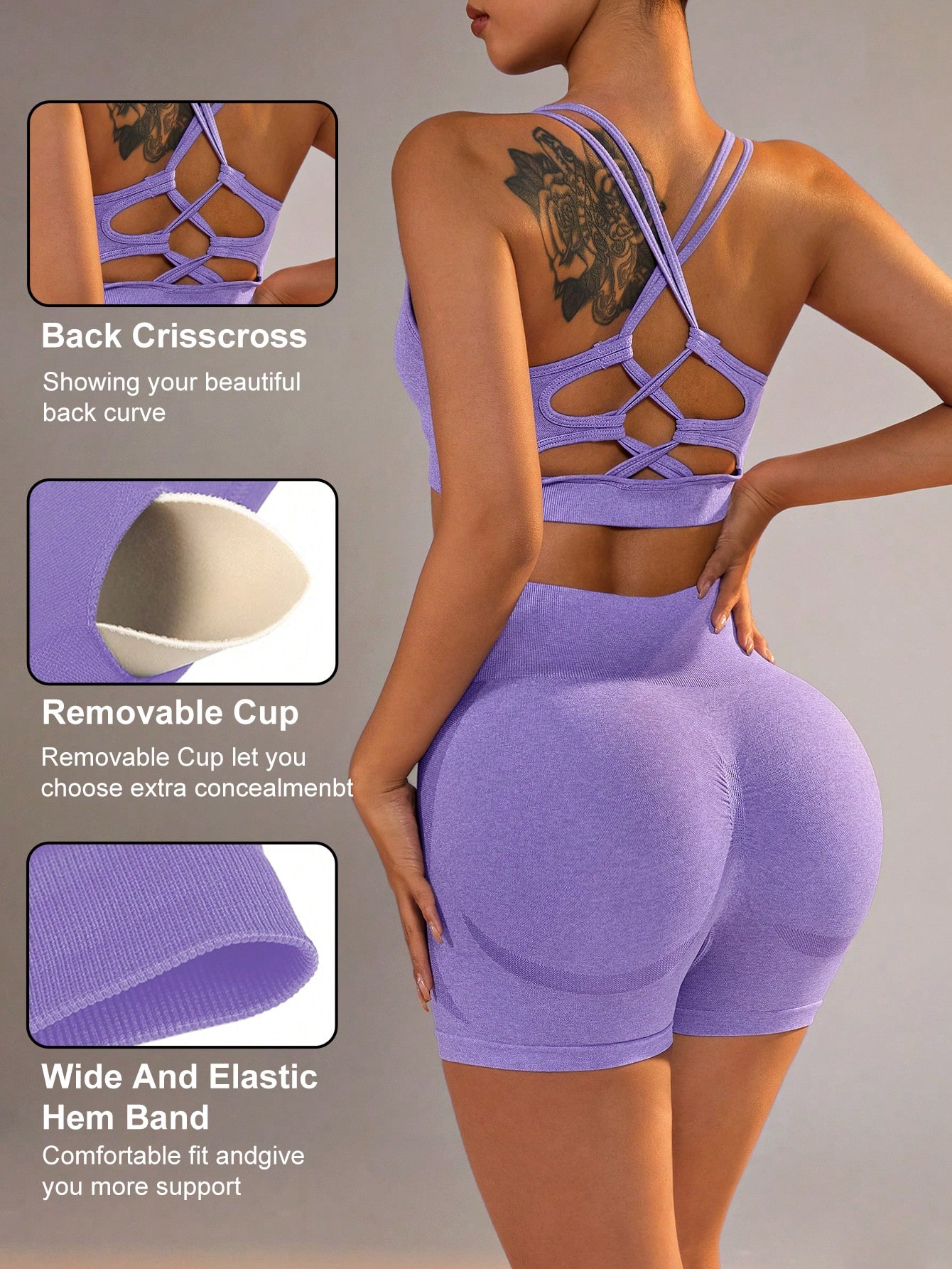 Йога Базовый бесшовный высокоэластичный комплект для тренировок для йоги для женщин - сетчатый цветной жилет и узкие шорты, сиреневый фиолетовый цена и фото