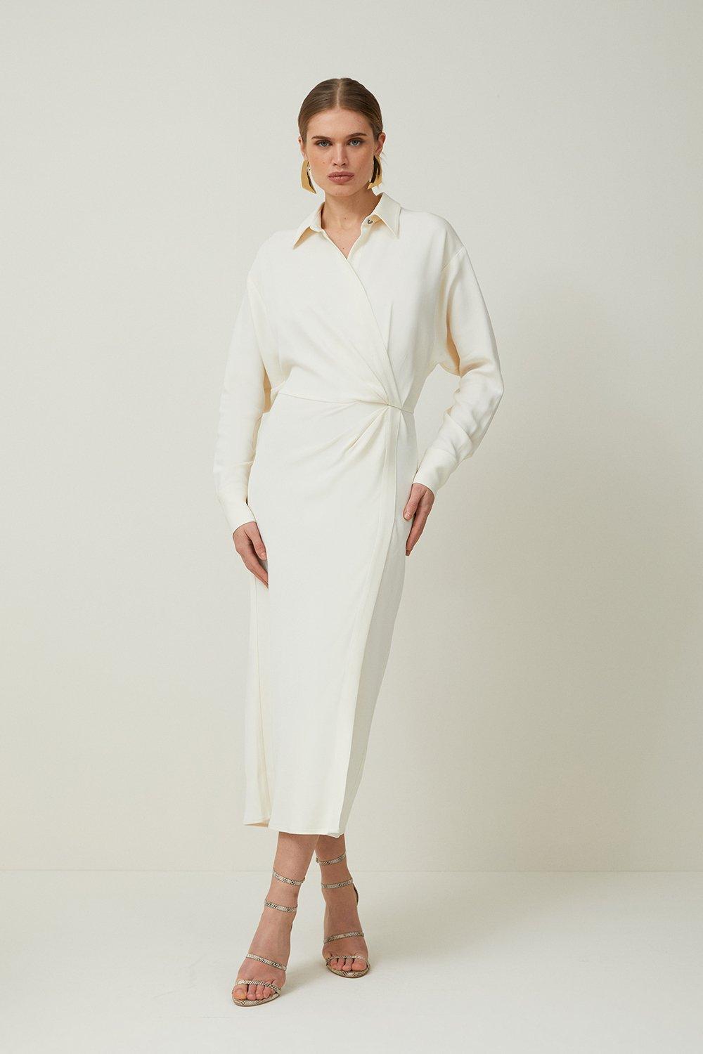 цена Платье-рубашка миди из вискозного крепа с длинными рукавами Karen Millen, белый