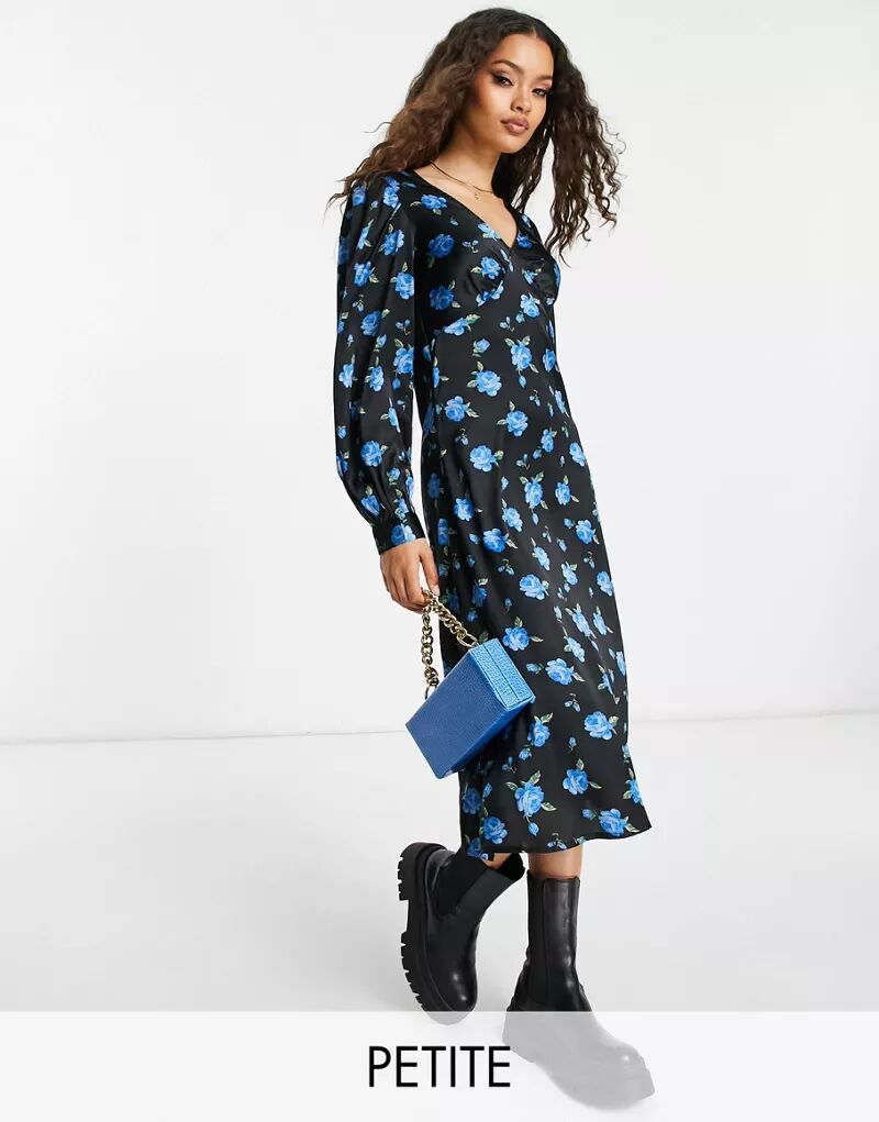 Ярко-синее платье миди с V-образным вырезом и цветочным принтом Vila Petite