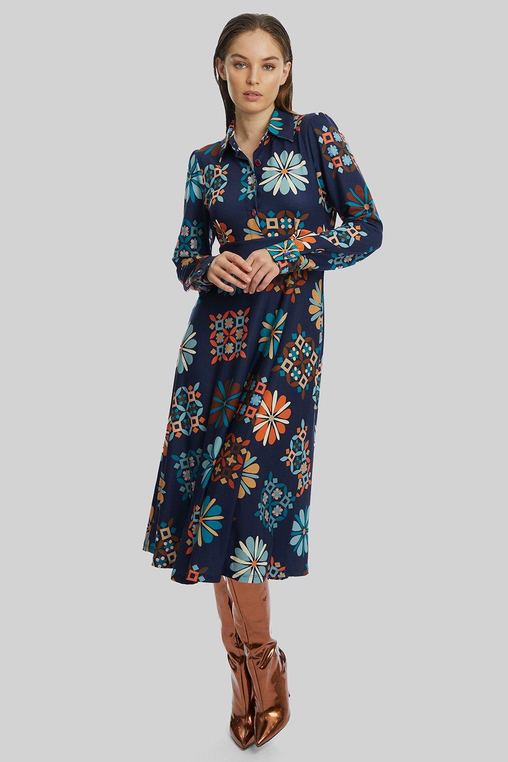 Платье миди с декорированными пуговицами и принтом James Lakeland, темно-синий