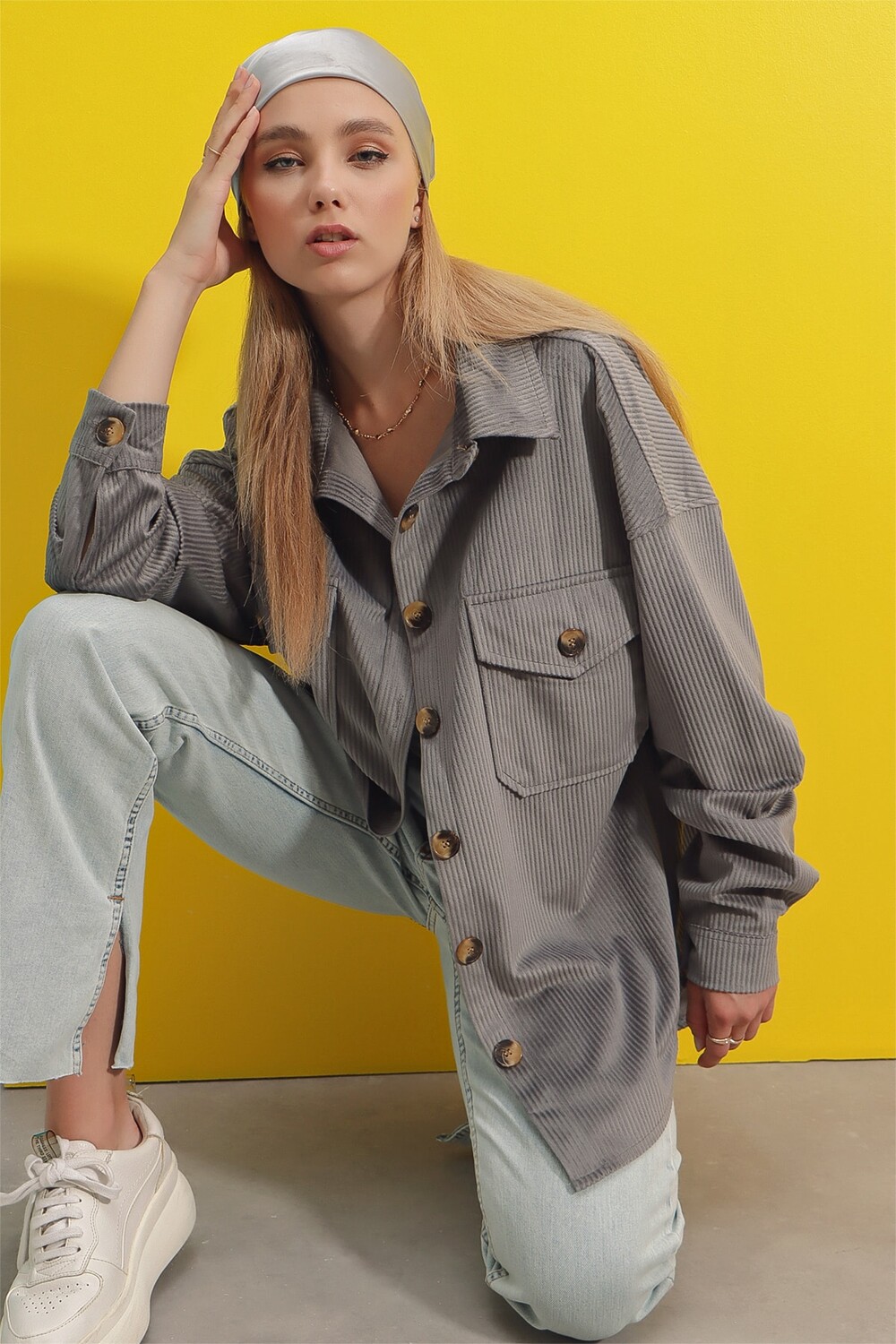 

Рубашка - Серая - Oversize Trend Alaçatı Stili, серый