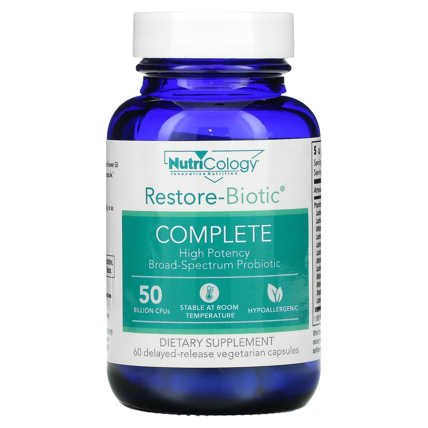 

Restore-Biotic Complete, 50 миллиардов, 60 вегетарианских капсул с отсроченным высвобождением, Nutricology