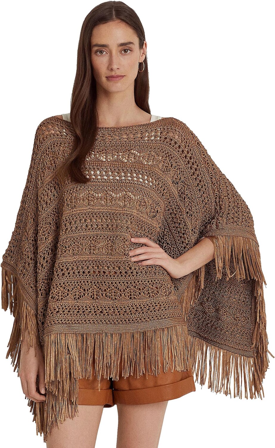 

Пончо Fringe-Trim Pointelle-Knit Poncho LAUREN Ralph Lauren, цвет New Bronze