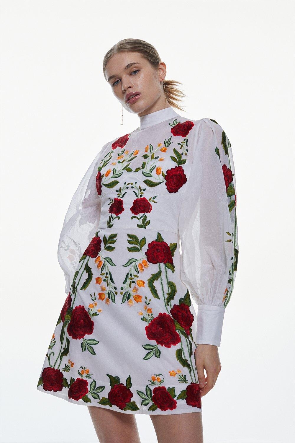 

Мини-платье из хлопка и органди с вышивкой Tall Rose Karen Millen, красный