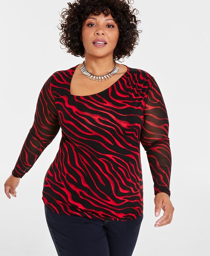 

Асимметричный топ с длинными рукавами с принтом INC Plus Size I.N.C. International Concepts, красный