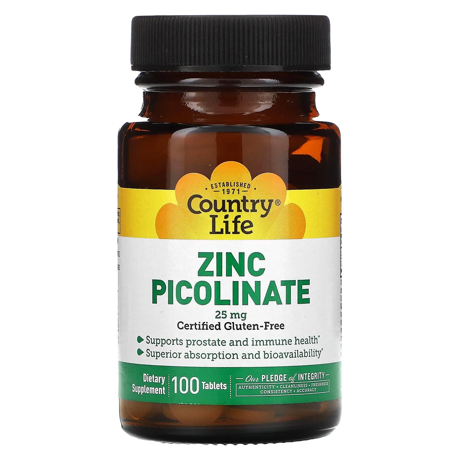 Country Life Пиколинат цинка 25 мг 100 таблеток биодобавка пиколинат цинка zinc picolinate 100 таблеток