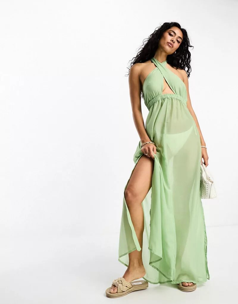 Зеленое пляжное платье макси с запахом и бретельками Vero Moda