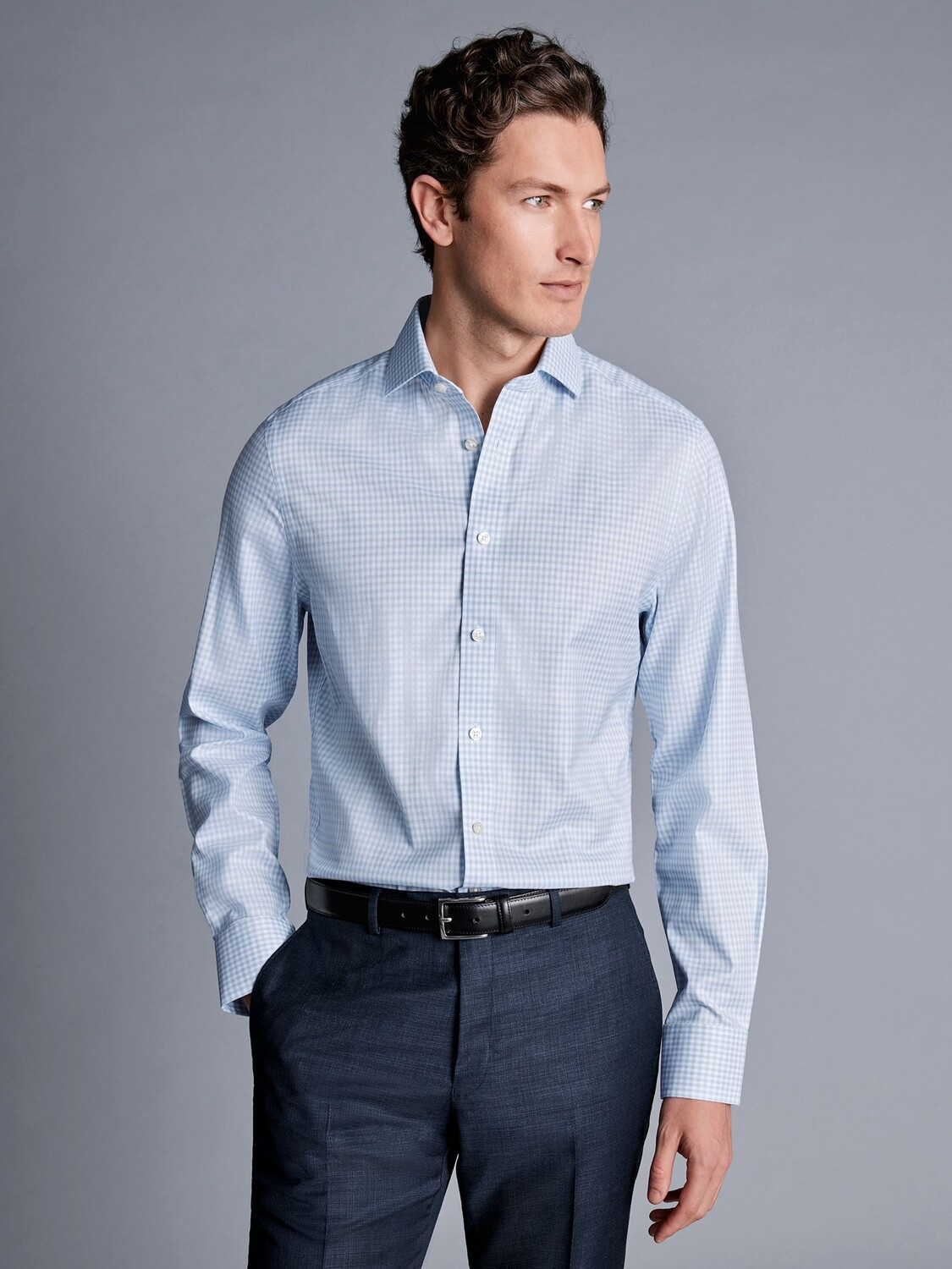 

Рубашка узкого кроя с вырезом в двойную клетку без глажки Charles Tyrwhitt, небесно-голубой/белый