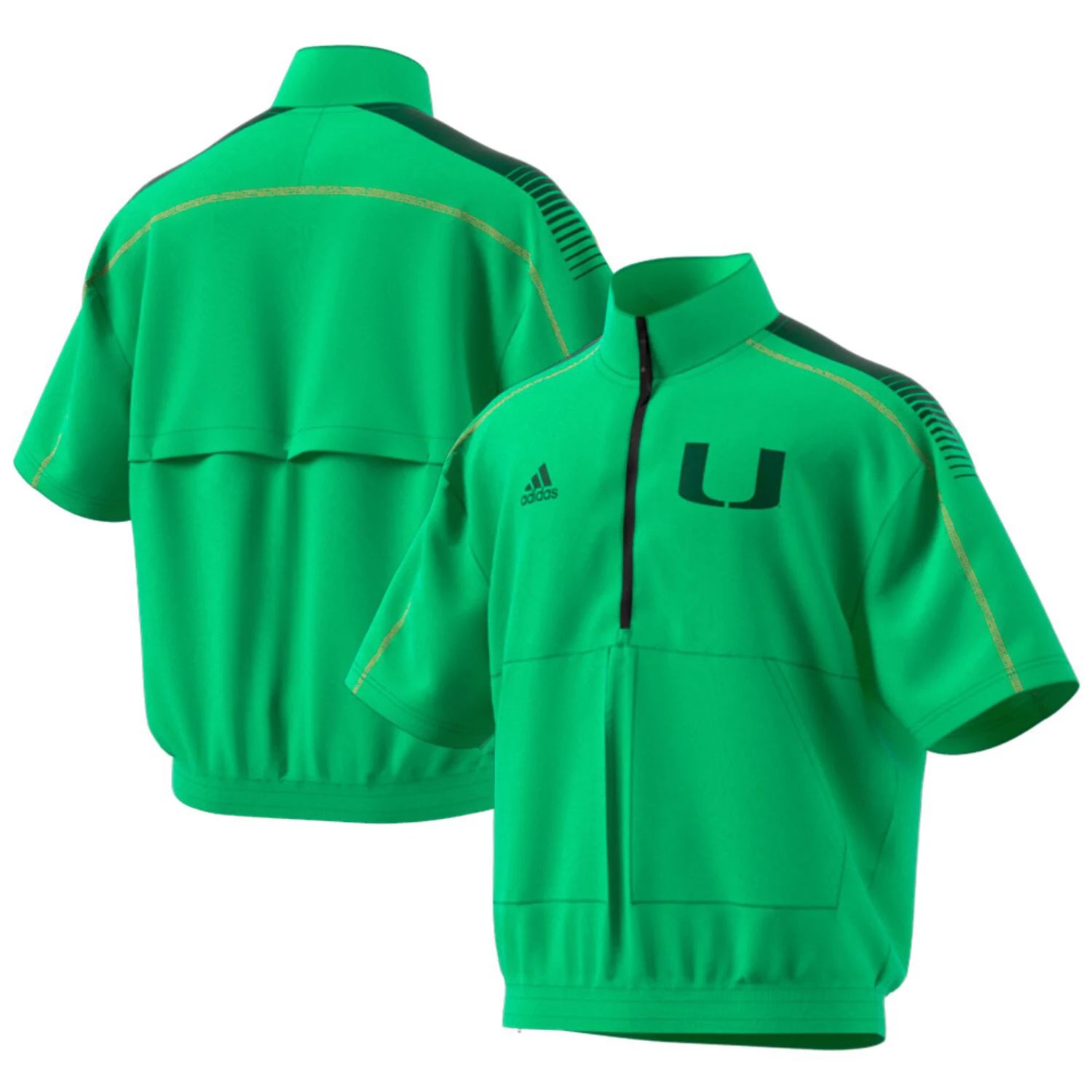 Мужская зеленая куртка Miami Hurricanes Miami Nights Strategy с короткими рукавами и молнией до половины adidas