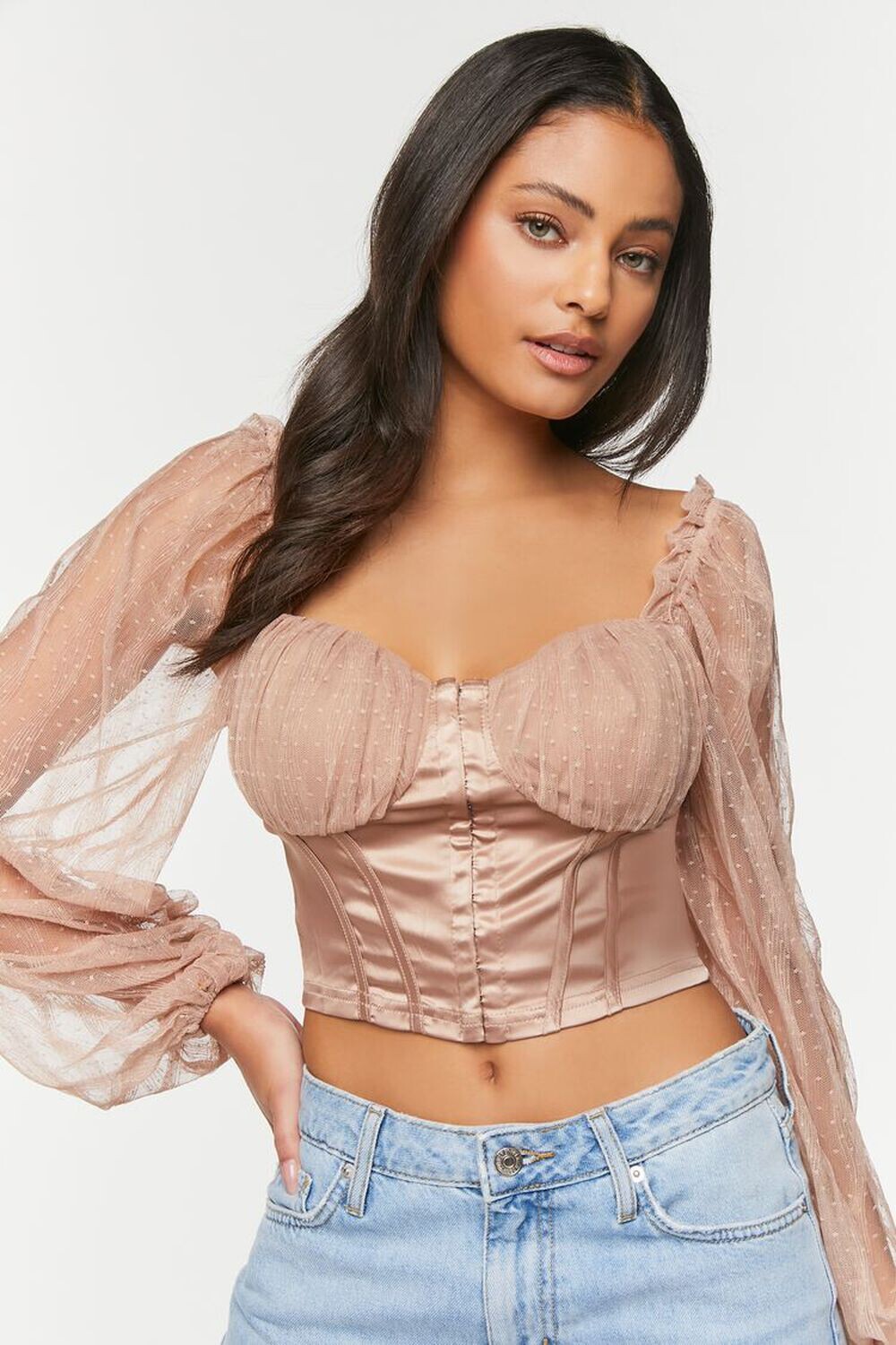

Атласный топ-бюстье в горошек Forever 21, капучино