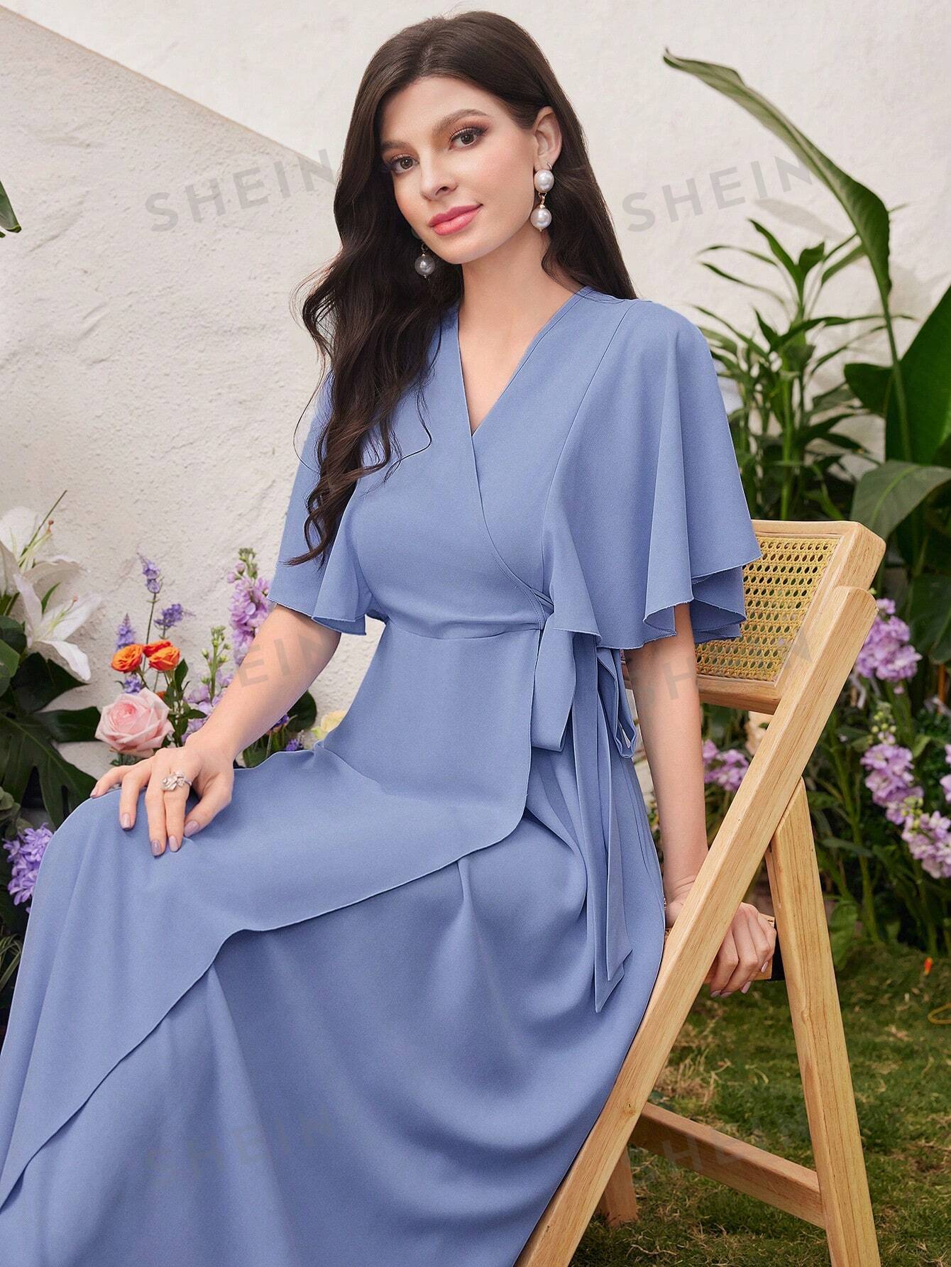 SHEIN Modely женское платье с запахом и рукавами-бабочками, синий shein modely женское арабское платье в стиле пэчворк из тканой ленты с бахромой и длинными рукавами пыльный фиолетовый