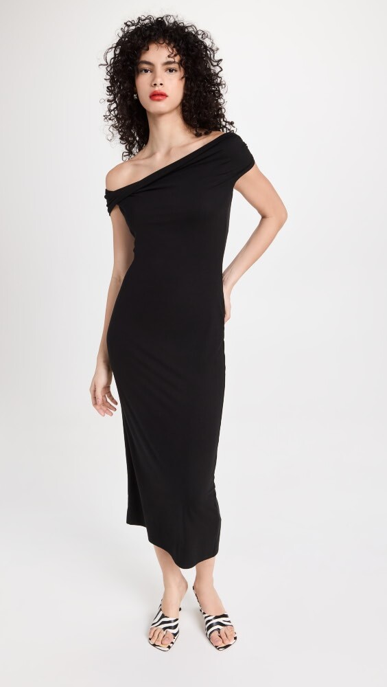 

Платье миди Reformation Jamen Off Shoulder Knit, черный