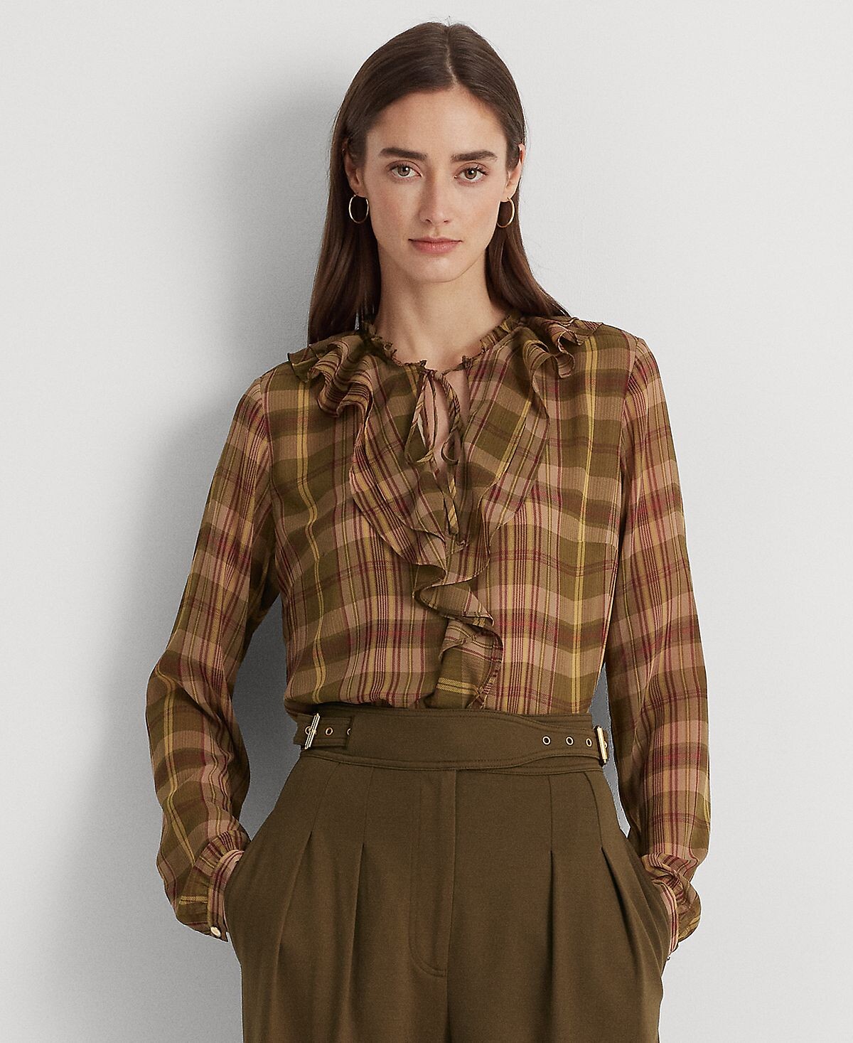

Женская блузка из жоржета в клетку с оборками Lauren Ralph Lauren