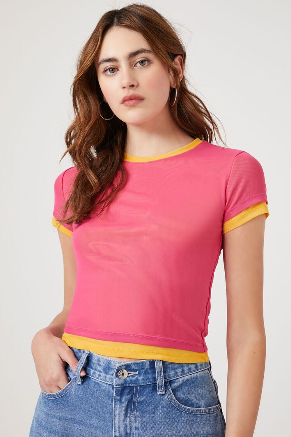 

Укороченная комбинированная футболка в сетку Forever 21, розовый