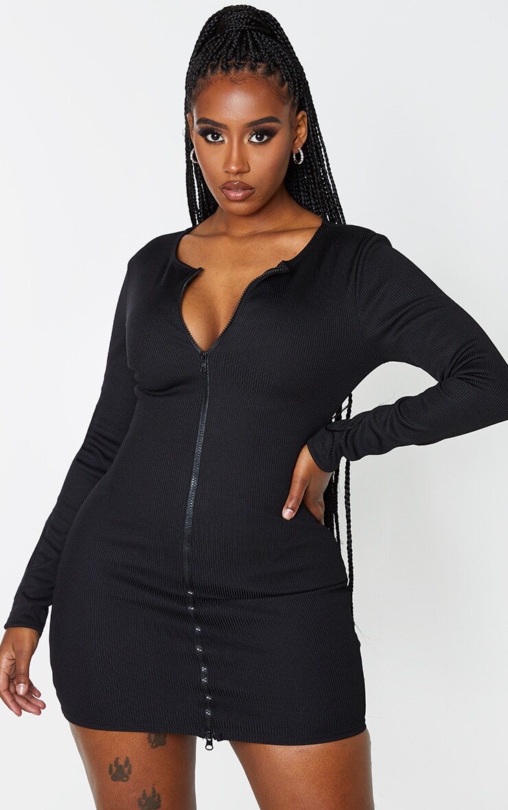 

PrettyLittleThing Черное облегающее платье с длинными рукавами и молнией в рубчик