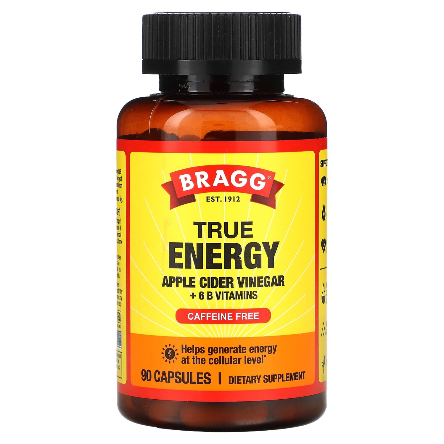 

True Energy, яблочный уксус и 6 витаминов группы B, без кофеина, 90 капсул, Bragg