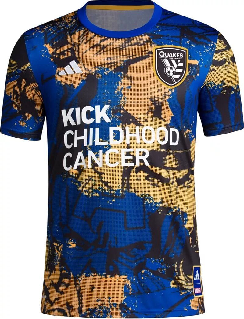 

Фиолетовая предматчевая футболка Adidas San Jose Earthquakes 2023 Kick Childhood Cancer Purple, Черный