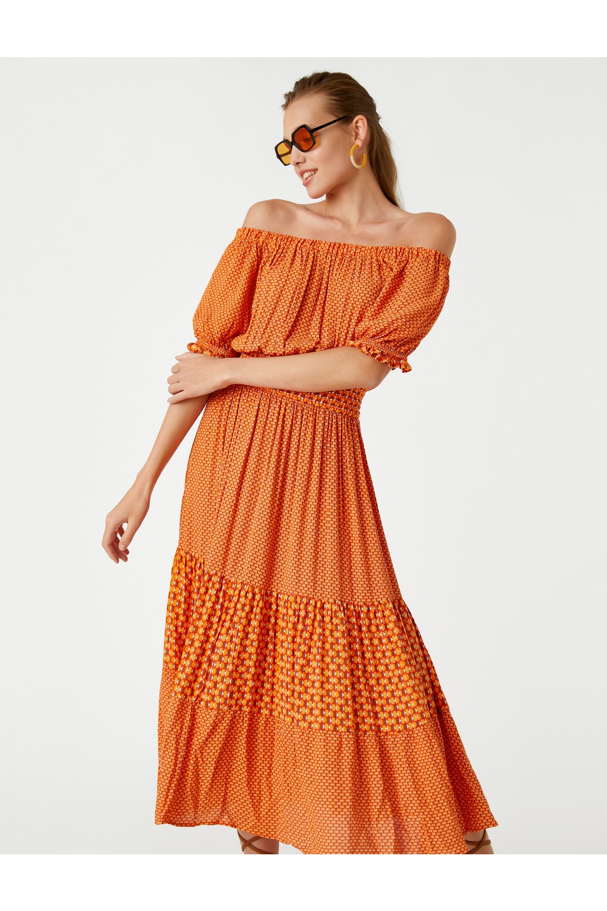 Длинное платье с открытыми плечами Koton, оранжевый